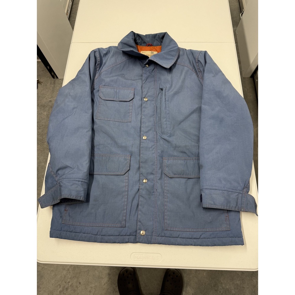 Vintage Sears Fieldmaster Work Jacket Blue Orange Lined Chest Pockets Snap Men L